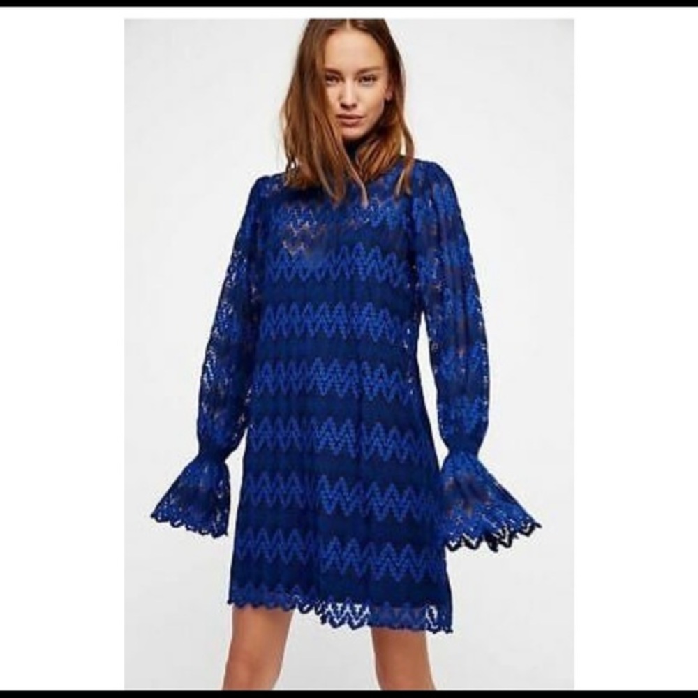 Free‎ people Blue Simone Mock Neck Lace Mini Casual Dress xs romantic goth
